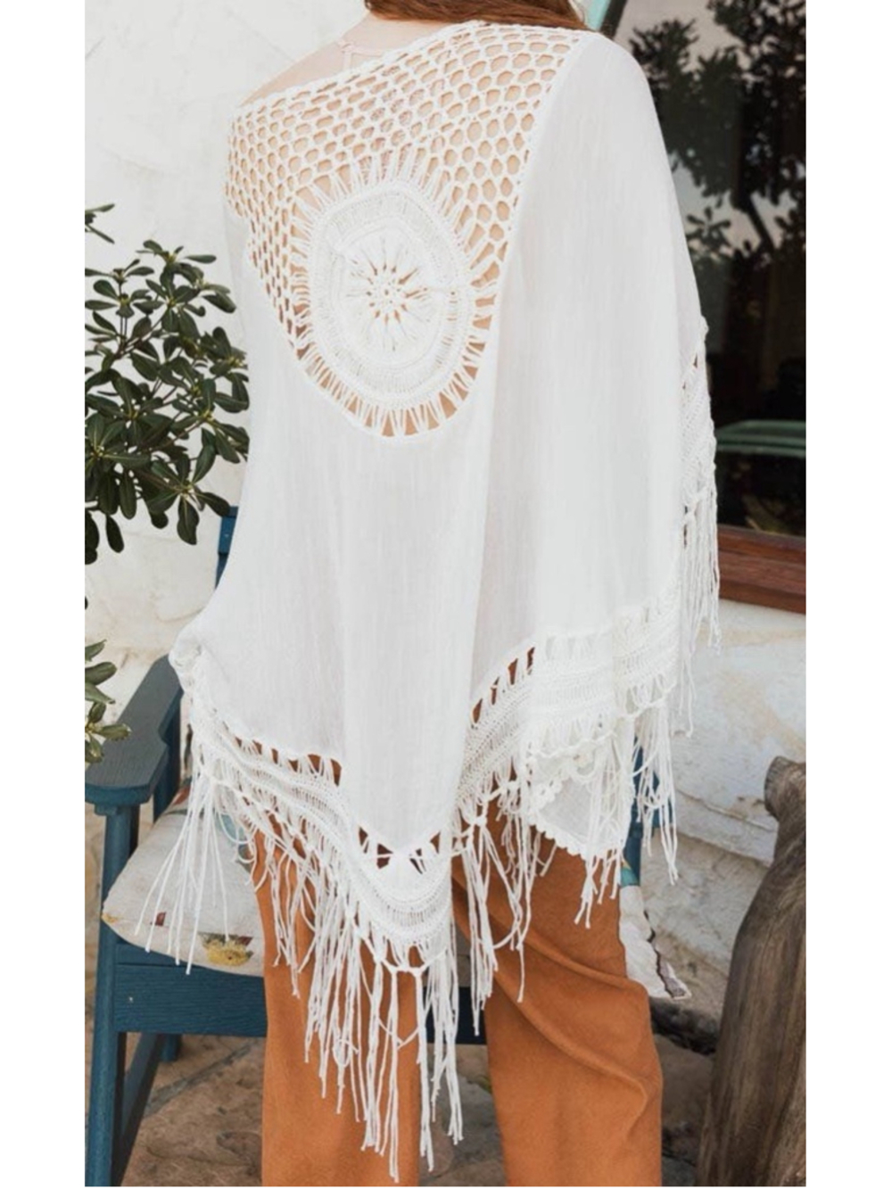 Boho Ivory Crochet Fringe Kimono Cardigan Sheer Open Front Festival One Size